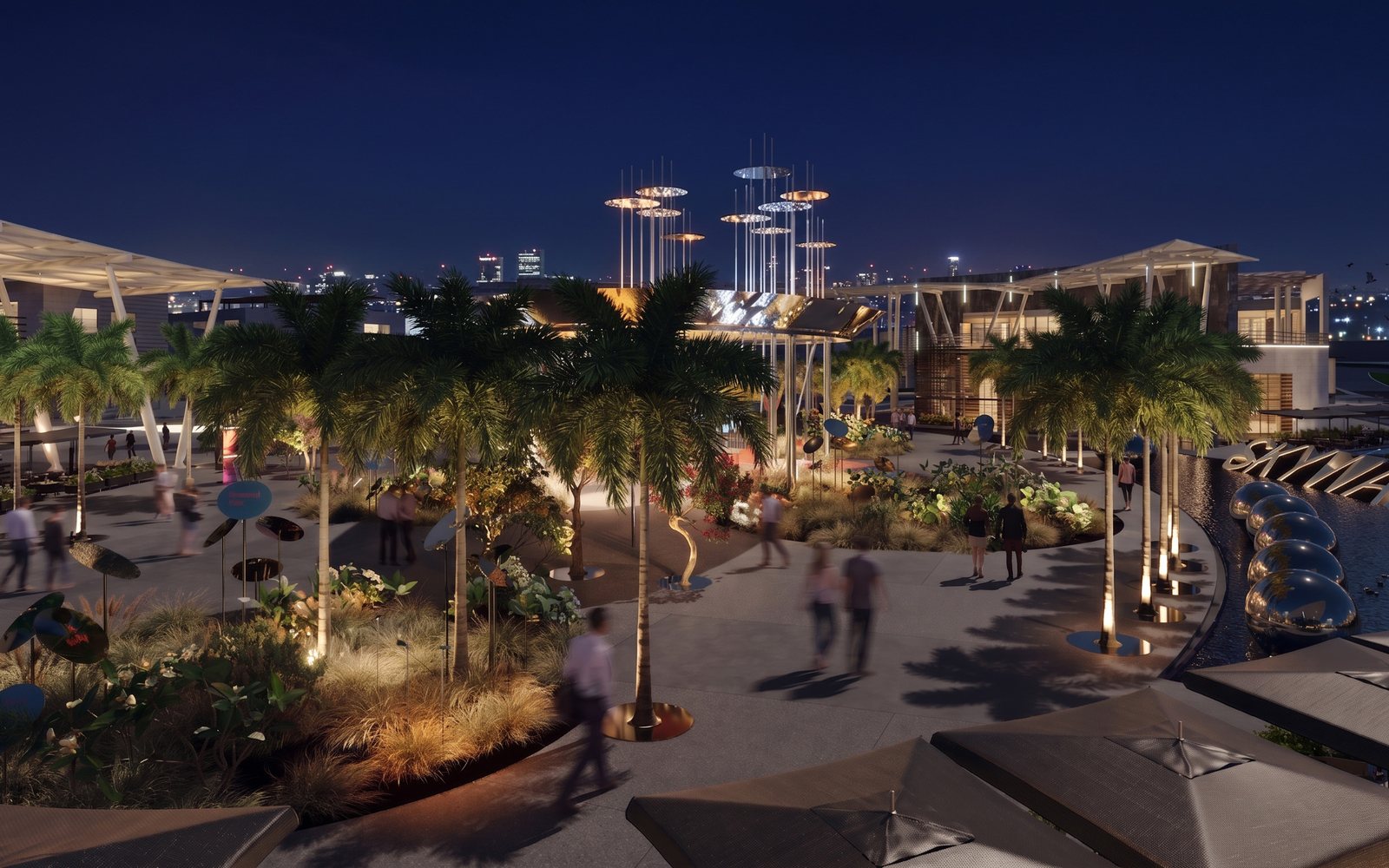 The central piazza at SKYWALK, with its concentric fountain plaza